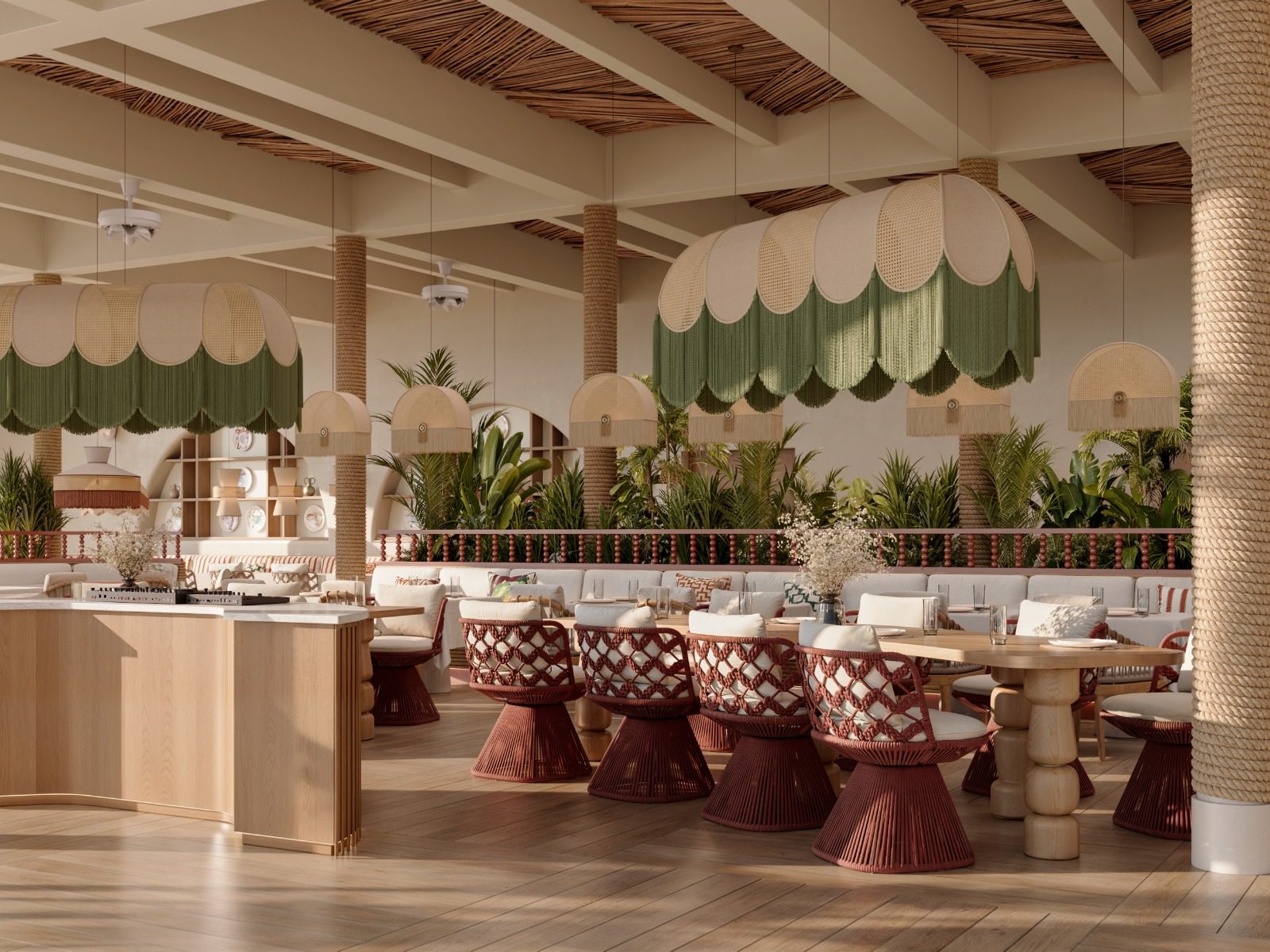 Restaurant with green fringed lamps and rope columns